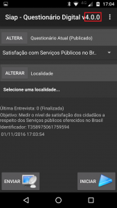 Em destaque a versão do aplicativo Android. É necessário estar com a versão 4.0.0 ou superior.